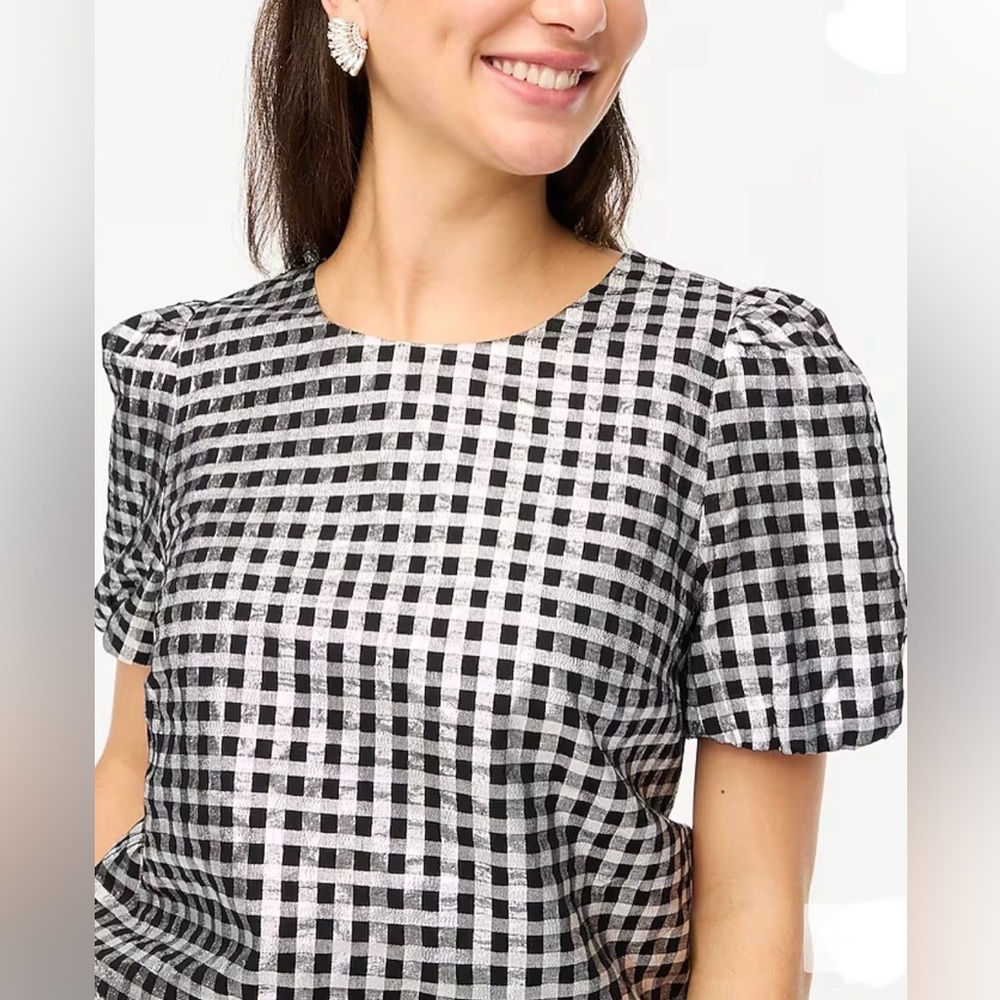 J. Crew Metallic Black & White Gingham Blouse, Puff Sleeve & Ruffles, XL, New